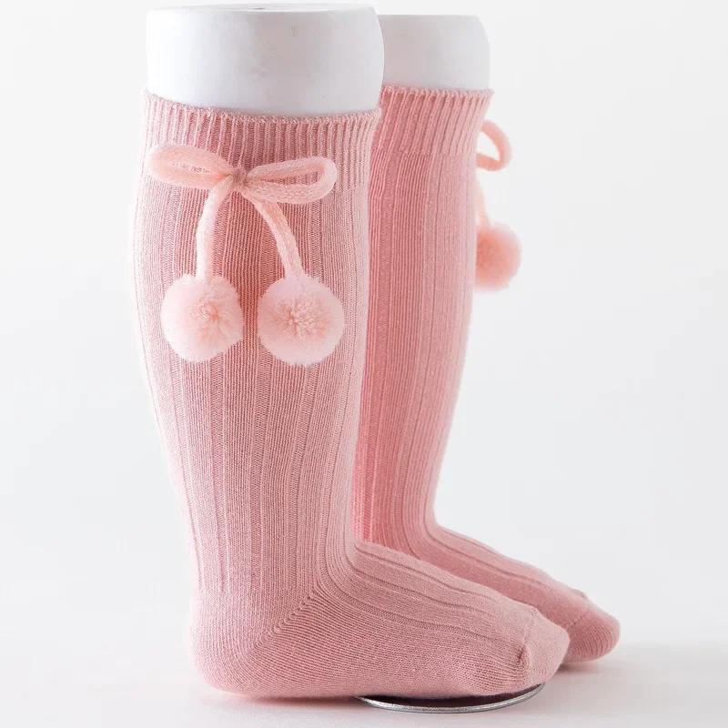 Autumn Winter Kawaii Baby Stockings Cotton British Princess Knee High Long Bow Pom Tube Socks for Girls Knitted Sock Warmer 0-4y