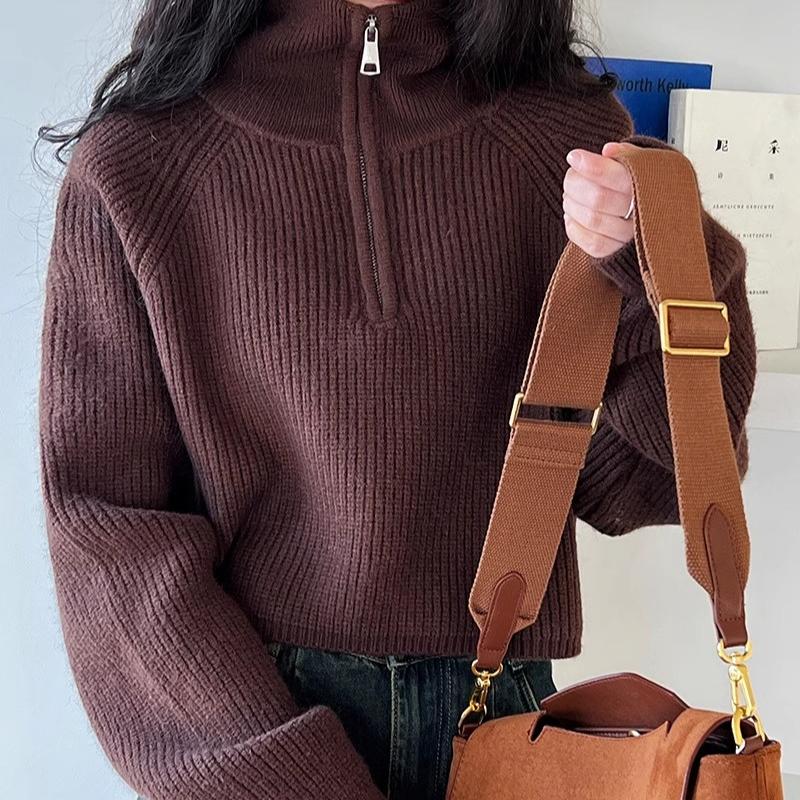 Женский вязаный свитер с полувысоким воротником и застежкой-молнией, осенний, с рукавами-фонариками, винтажные свободные свитера, зимние толстые повседневные однотонные теплые джемперы 25404