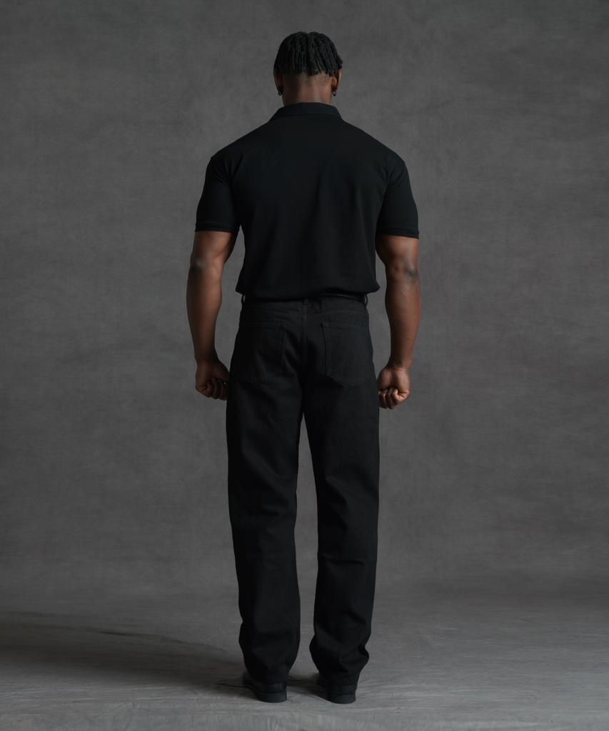 PHERMENON Muscle Fit Lettering Plain Collared T-Shirt - Black