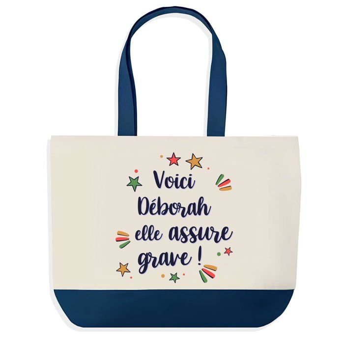 Tote bag - PLANETEE - Déborah elle assure grave - fond bleu - coton 40x45 cm - grand format