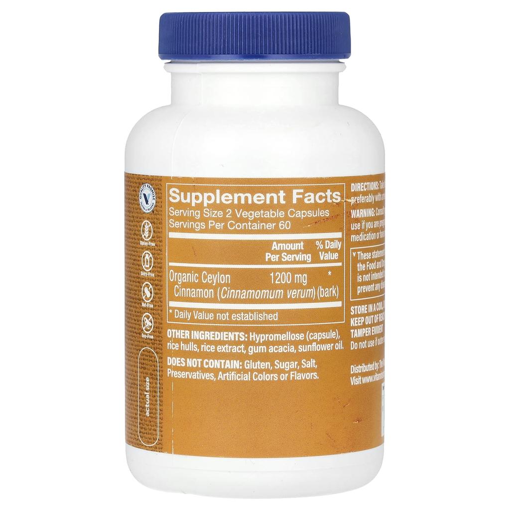 The Vitamin Shoppe, Корица Цейлонская, 1200 мг, 120 Вегетарианских Капсул (600 мг на капсулу)