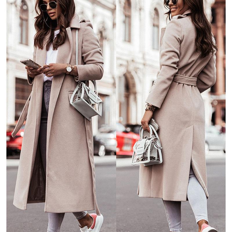 Женское элегантное длинное шерстяное пальто с поясом, однотонное, с длинным рукавом, шикарная верхняя одежда, женское, с заниженными плечами, пальто