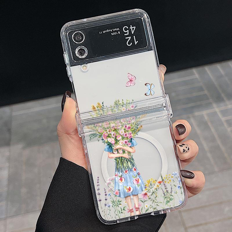 3шт складной противоударный чехол для Samsung Z Flip6 Flip5 Flip4 для Magsafe магнитный красивый цветочный узор прозрачный жесткий тонкий чехол для ПК