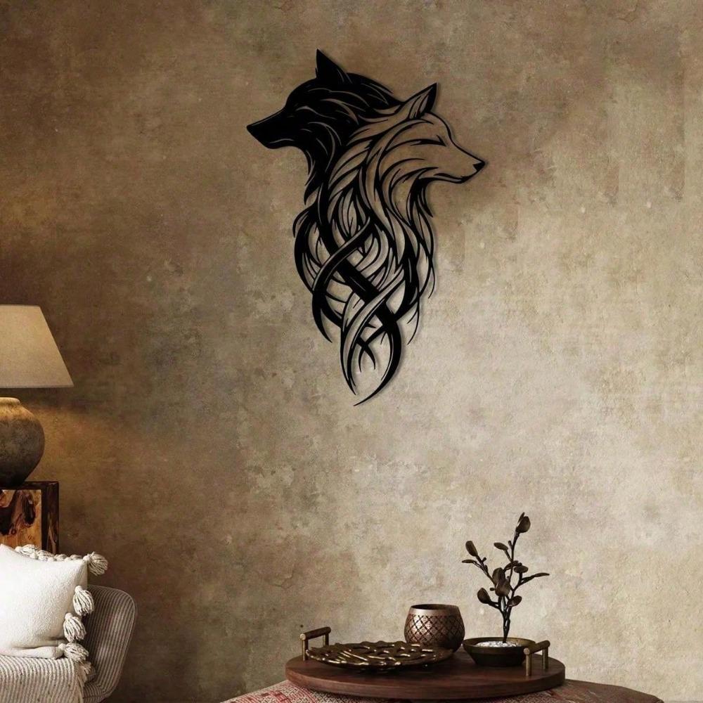 2pcs Wolf Metal Wall Decor, Black & White Twin Wolf Head Wall Art, Metal Wolf Wall Hanging, Wild Animal Decoration For Living Room, Office, Bedroom