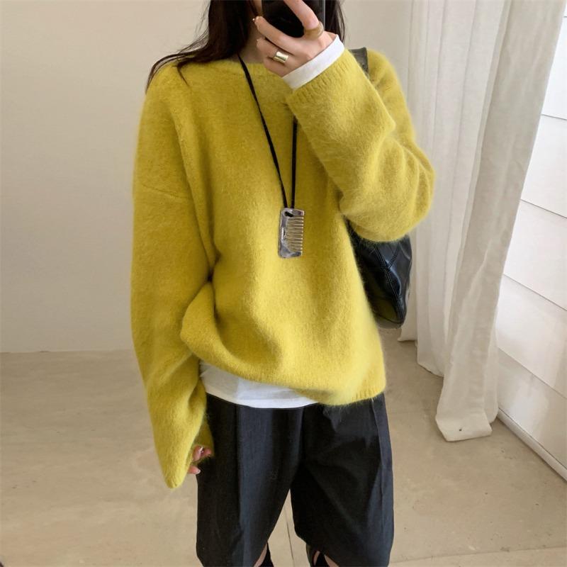 Soft Waxy Hairy Casual Versatile Pullover Sweater Women's Autumn and Winter New Round Neck Loose Warm Knitted Top