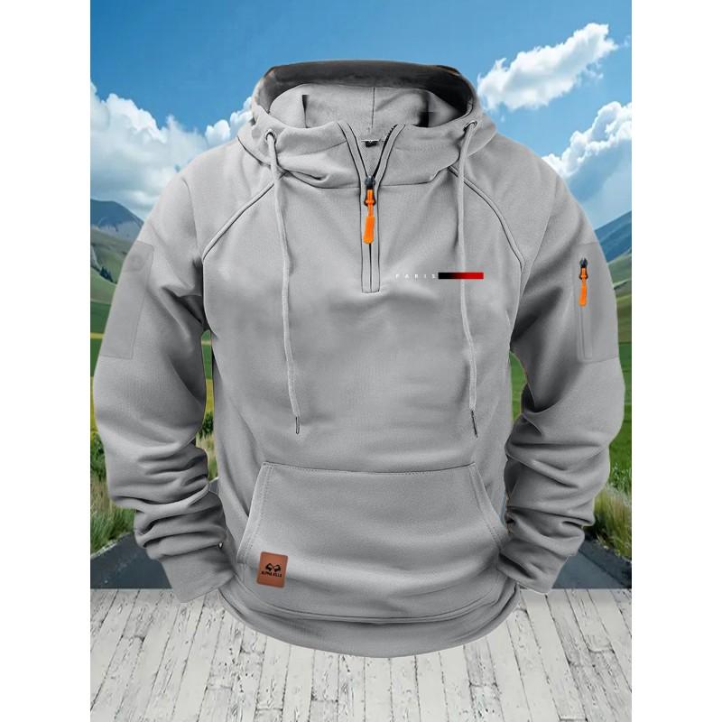 Mens Winter Hooded Zip-Up Sweatshirt With Multiple Pockets Casual Long Sleeve Pullover