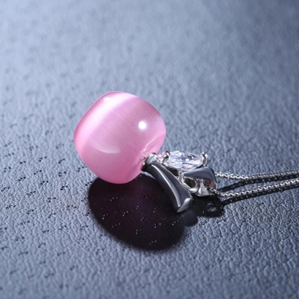 New 925 Sterling Silver Women Pendant Necklace Fashion High Quality Pink Opal Apple Shape Clavicle Chain Jewelry Length 45CM
