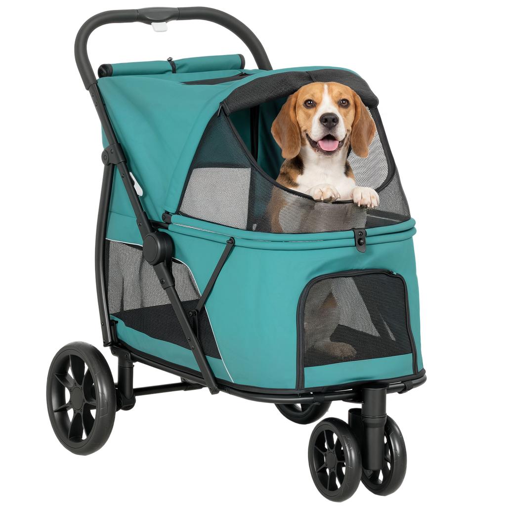 Dog Stroller, 3 Wheels Pet Stroller with Dual Entry, Easy One-Click Quick Fold, Mesh Windows, Washable Cushion