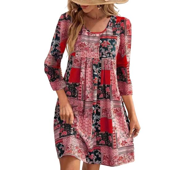 Женское весеннее платье в стиле ретро с этническим принтом, длинным рукавом и круглым вырезом, свободный пуловер, мягкий дышащий женский мини-платье длиной выше колена