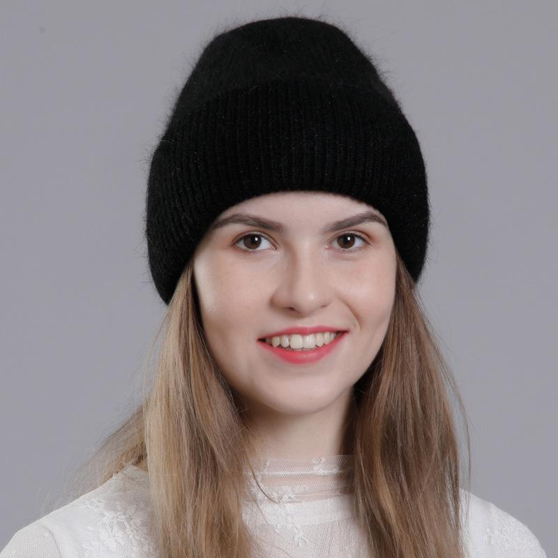 Women Autumn Winter Versatile Rabbit Hair Warm Knitted Wool Solid Color Pullover Hat