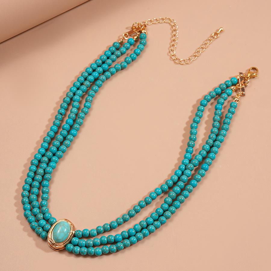 Бохо Многослойное колье-цепочка с бирюзой, браслет, серьги, набор украшений, этнический стиль, бусины, чокер