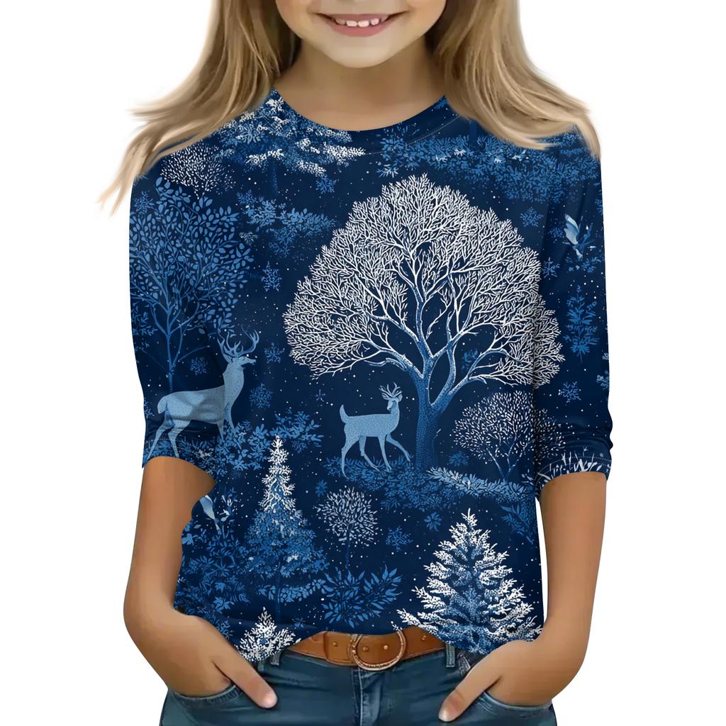 Children's 3/4 Sleeve Round Neck Top Christmas Tree Printed Everyday Casual Top