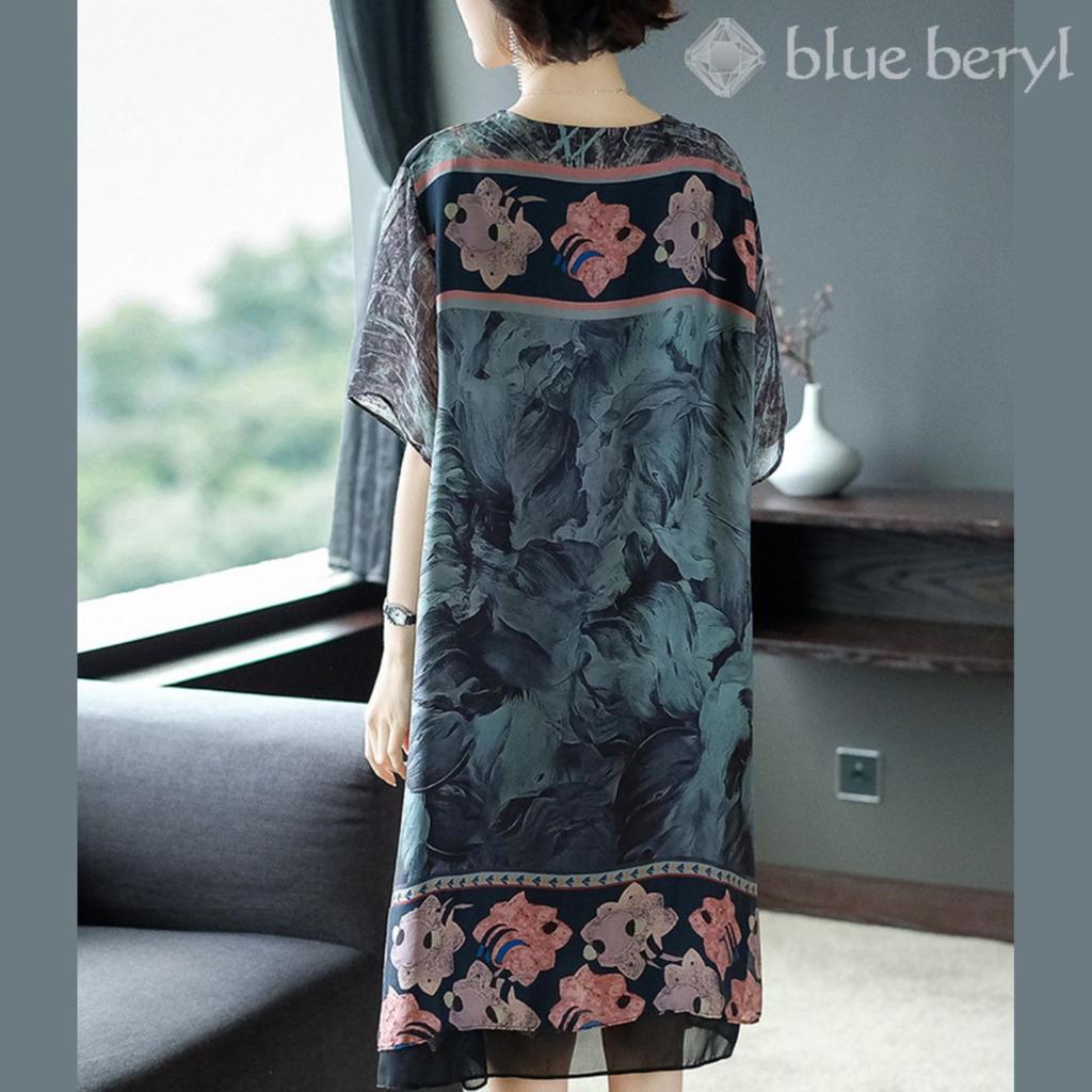 Botanical Chiffon Delicate Machine Sleeve Big Mom Loose Neat Design Women's Dress, A-line, Knee-length, Pattern, Chiffon, 5/8 Sleeves, Lined,