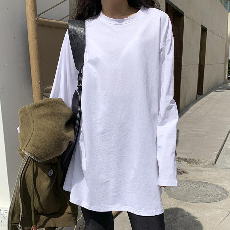 Женская однотонная футболка с длинными рукавами и разрезом, корейская весна-осень, женские повседневные свободные топы, белые рубашки