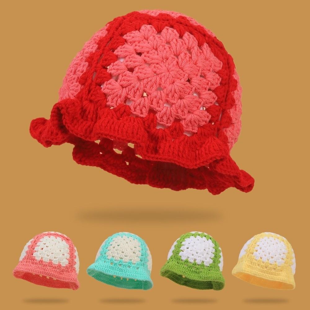 Sunflower Patterned Fisherman Hat Lotus Leaf Edge Handmade Knit Hat  Autumn Winter Outings
