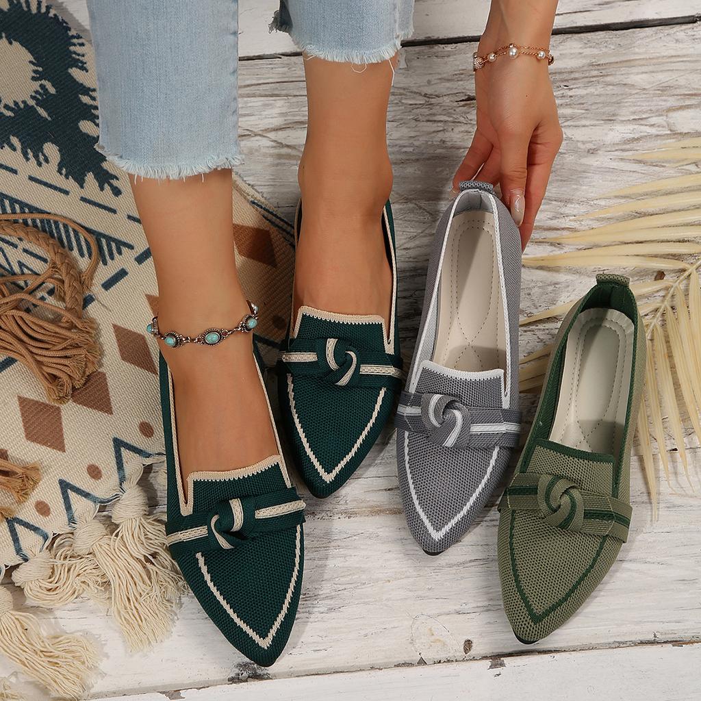 Pointed Flat-Bottomed Fly-Woven Casual Shoes Women'S Large-Size Foot-Set Bow One-Pedal Work Shoes