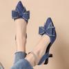Модная джинсовая обувь со стразами для женщин 2025 весна новая с бантом на высоком каблуке летние полые остроносые туфли на тонком каблуке женские сандалии большого размера