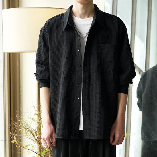 Мужская вафельная рубашка на пуговицах с длинным рукавом, повседневная свободная футболка с нагрудным карманом, мужская осенняя деловая рубашка