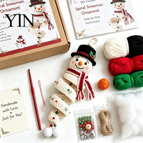 Knitted Snowman Ornament DIY Crochet Door Hanger Kit, Handmade Holiday Craft Cute Figurine Set for Christmas Wall, Window, New Year Party Decoration