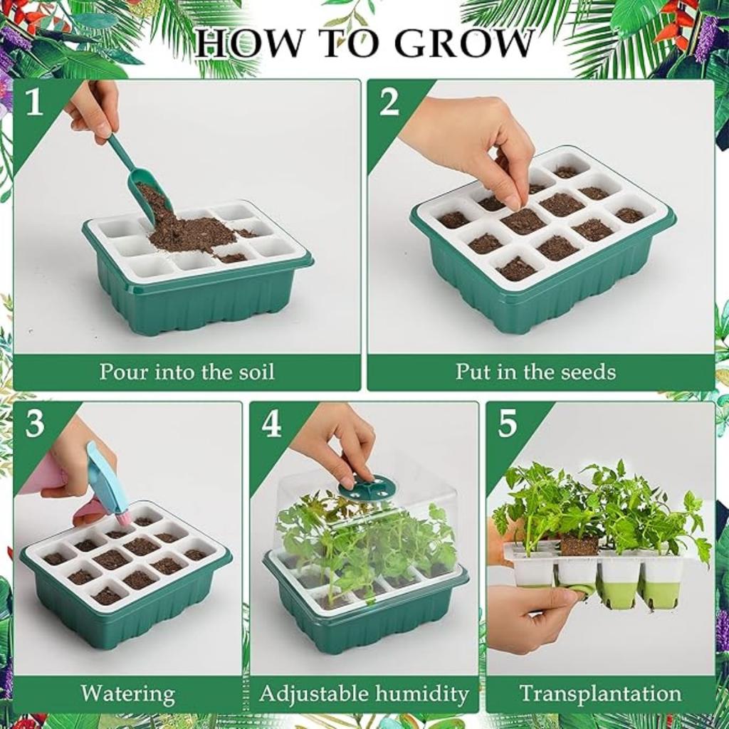 Flexible Silicone Designed Seedling Starter Trays, Seed Starter Tray, 12 Cells Indoor Seed Starter Kit, Germination Tray with Humidity Dome & Lids