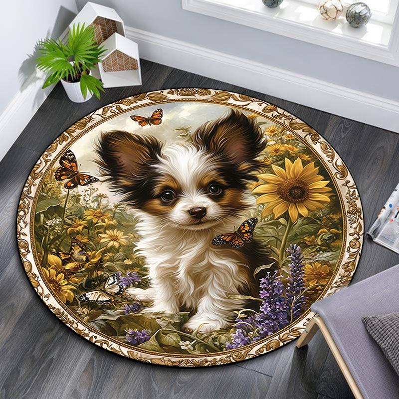 Puppy in Sunflowers Round Area Rug,Carpet Rug for Living Room Bedroom Sofa Playroom Decor,Non-slip Floor Mat