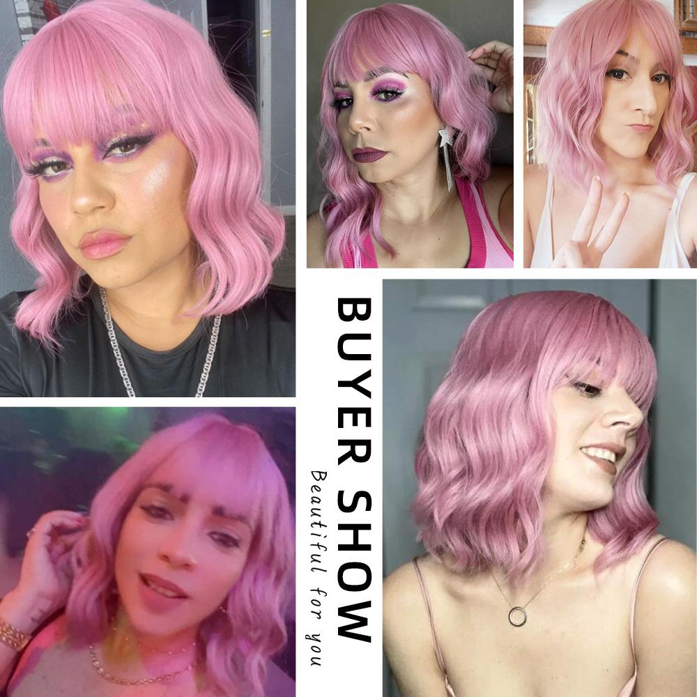 oneNonly Short Pink Wig Natural Wigs for Women Medium Wavy Synthetic Wig Party Heat Resistant Hair