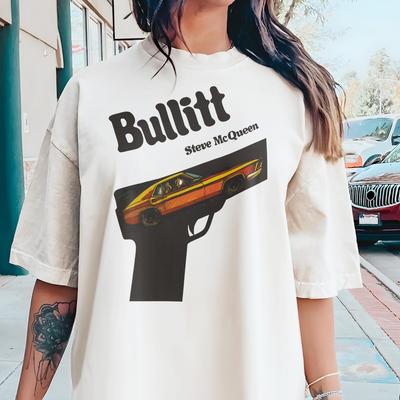 Vintage Bullitt V1 Natural T Shirt and Kids Shirt Movie Poster Retro Vintage Cotton Men's Women's Gift Present