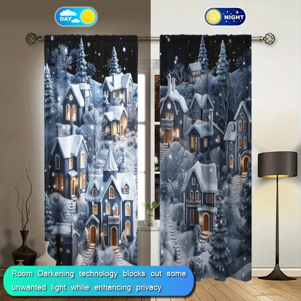 2 шт. Рождественская ночная сцена из ледяной и снежной деревни с принтом штор для домашнего декора - Карманная оконная отделка для спальни