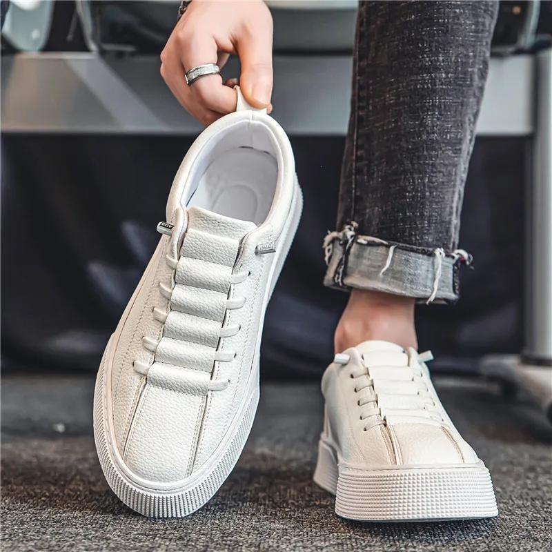 Men Classic White Leather Sneakers Casual Soft Leather Shoes Lace-up Shoes Mens Fashion Outdoor Walking Shoes Male Trainers