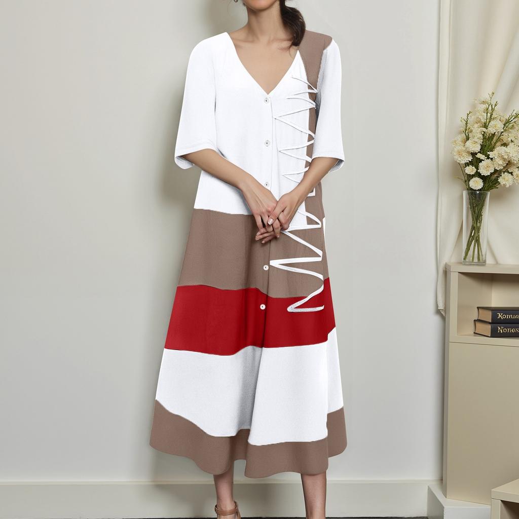 Женское модное платье с V-образным вырезом, короткими рукавами, пуговицами, повседневное, с принтом, длинное