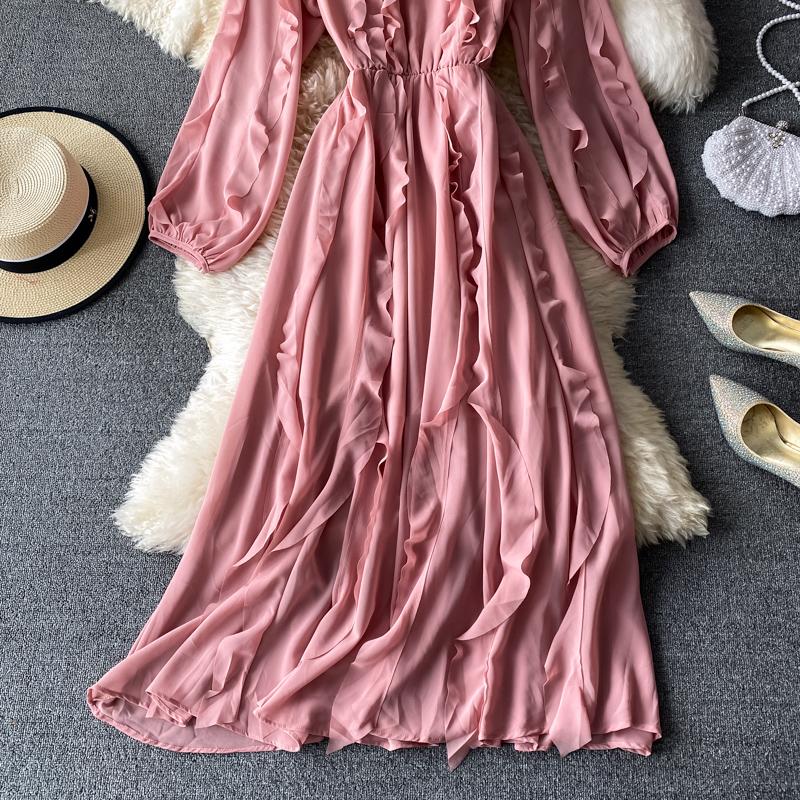 RUGOD 2025 Весна Новое Темпераментное Платье Грибок Женское Платье с Высокой Талией, Длинным Рукавом, V-образным Вырезом, Шифоновое Французское Платье