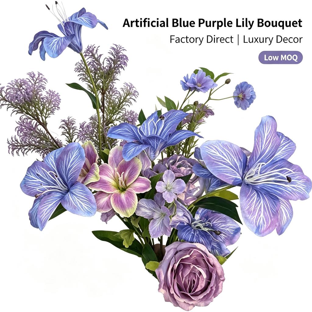Assortment Purple Blue Lily Rose Blooms Modern Living Space Vase Fill Desktop Display Home Decors Artificial Flower Bouquet