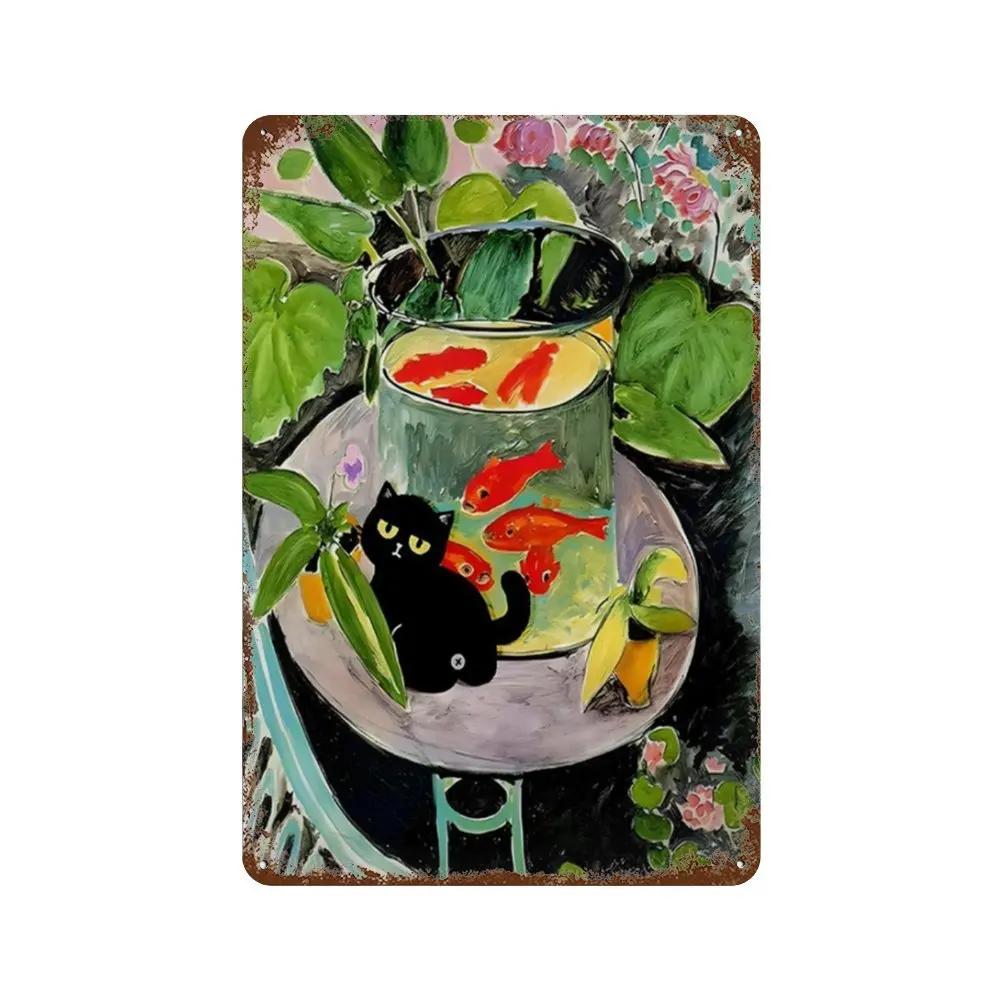 Знаменитая картина «Мона Лиза Звездная ночь» с забавным черным котом, постер, металлическая жестяная вывеска, табличка, настенное искусство, домашний декор для гостиной, спальни