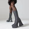Women's Glitter Boots Sparkly Mid Calf Boots Pink Black Silver Gold Platform Shoes Autumn Winter Comfy Chunky Block Heels