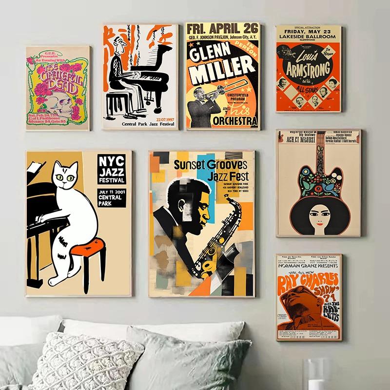 Vintage Montreux Jazz Festival Phonograph Black Cat Canvas Painting Posters Prints Wall Art Pictures for Living Room Home Decor