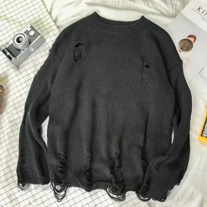 Khaki Ripped Loose Sweater Knitted Pullover Cutout Beggar Round Neck Long Sleeves Simple Casual Men and Women Spring Autumn