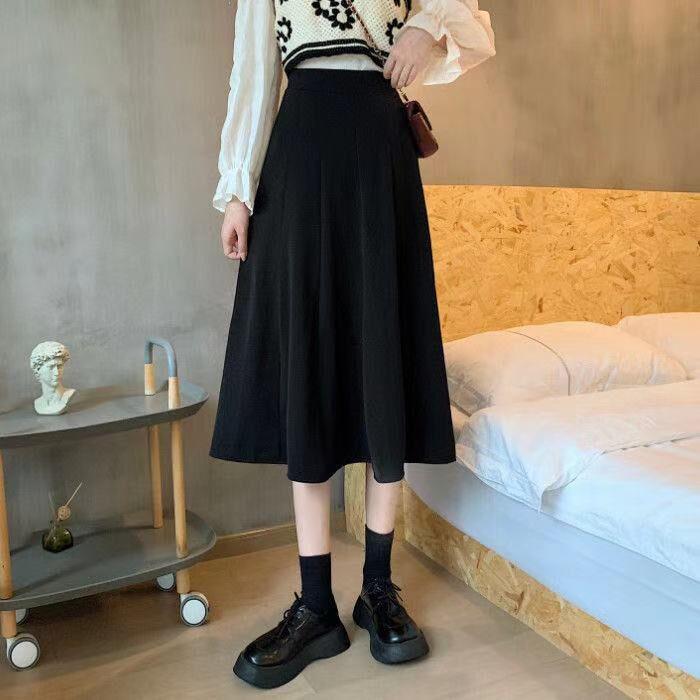 Women's High-Waist A-Line Skirt: Mid-Length, Solid Colors, Beige or Black, Year-Round Wear