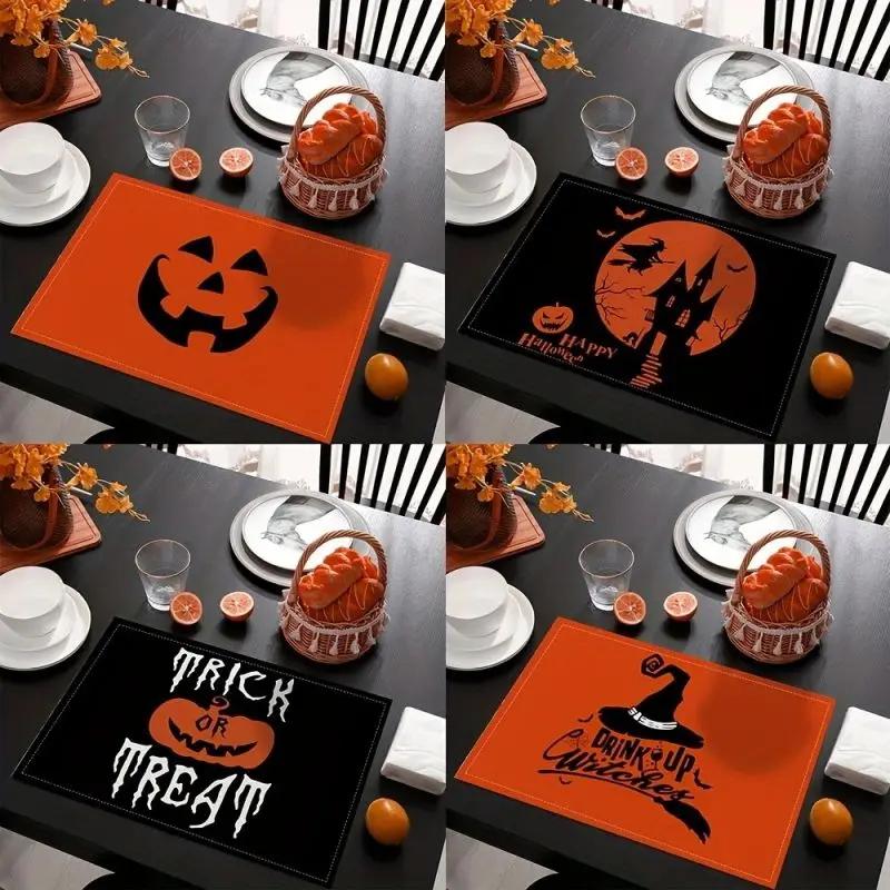1PC Halloween Table Linen Dining Mats Coasters Orange and Black Pumpkins Non Slip Heat Resistant Kitchen Placemats
