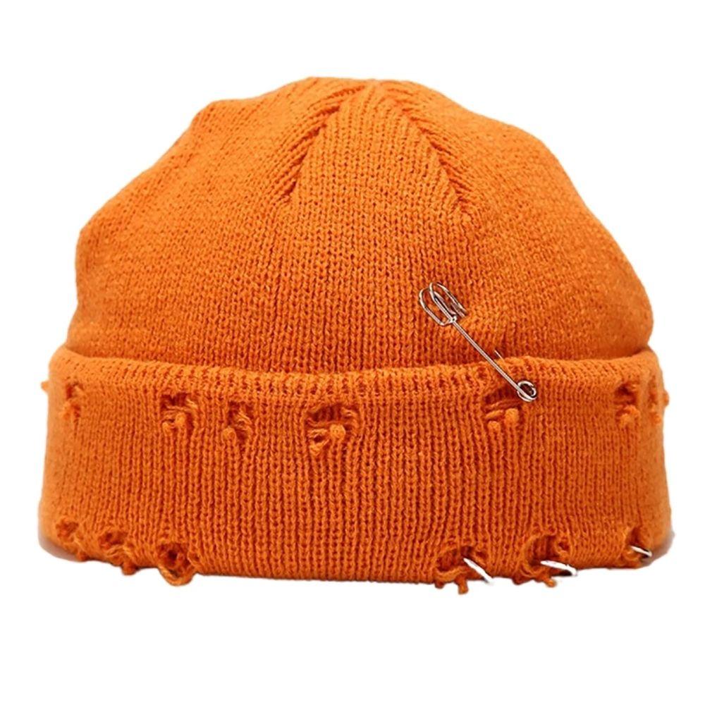 Casual Distressed Hole Female O-Ring Winter With Pins Knitted Hat Beanie Hat Warm Cap Solid Color
