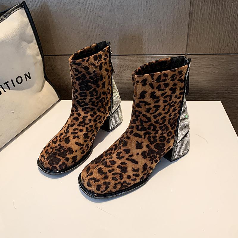 Leopard Crystal Women Snow Ankle Boots Suede Mid Heels Shoes Winter 2025 Luxury Brand Chelsea Boots Fashion Pumps Botas Mujer