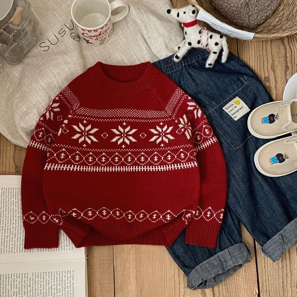 Ретро-джемпер унисекс в стиле Fair Isle с жаккардовым узором - Утолщенный пуловер с круглым вырезом для мальчиков и девочек.