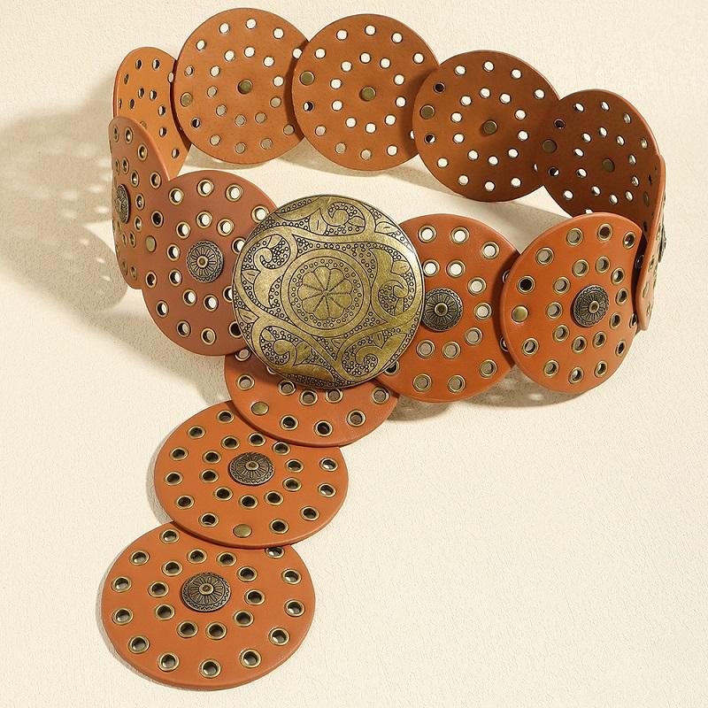 Women's Western Denim Belt High Quality Metal Hollow Ladies Trend Wide Waistband Vintage Personalized Round Belts DT148