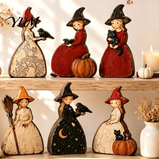 Black Cat And Crow Holiday Accents Halloween Wooden Witch Ornaments, Distressed Figurines, Retro Tabletop Fall Mantel Display Wood Crafts Decoration