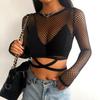 Black Mesh Long Sleeve Crop Top – Sexy Sheer Fishnet Round Neck Tie‑Front Slim Fit Women’s Clubwear