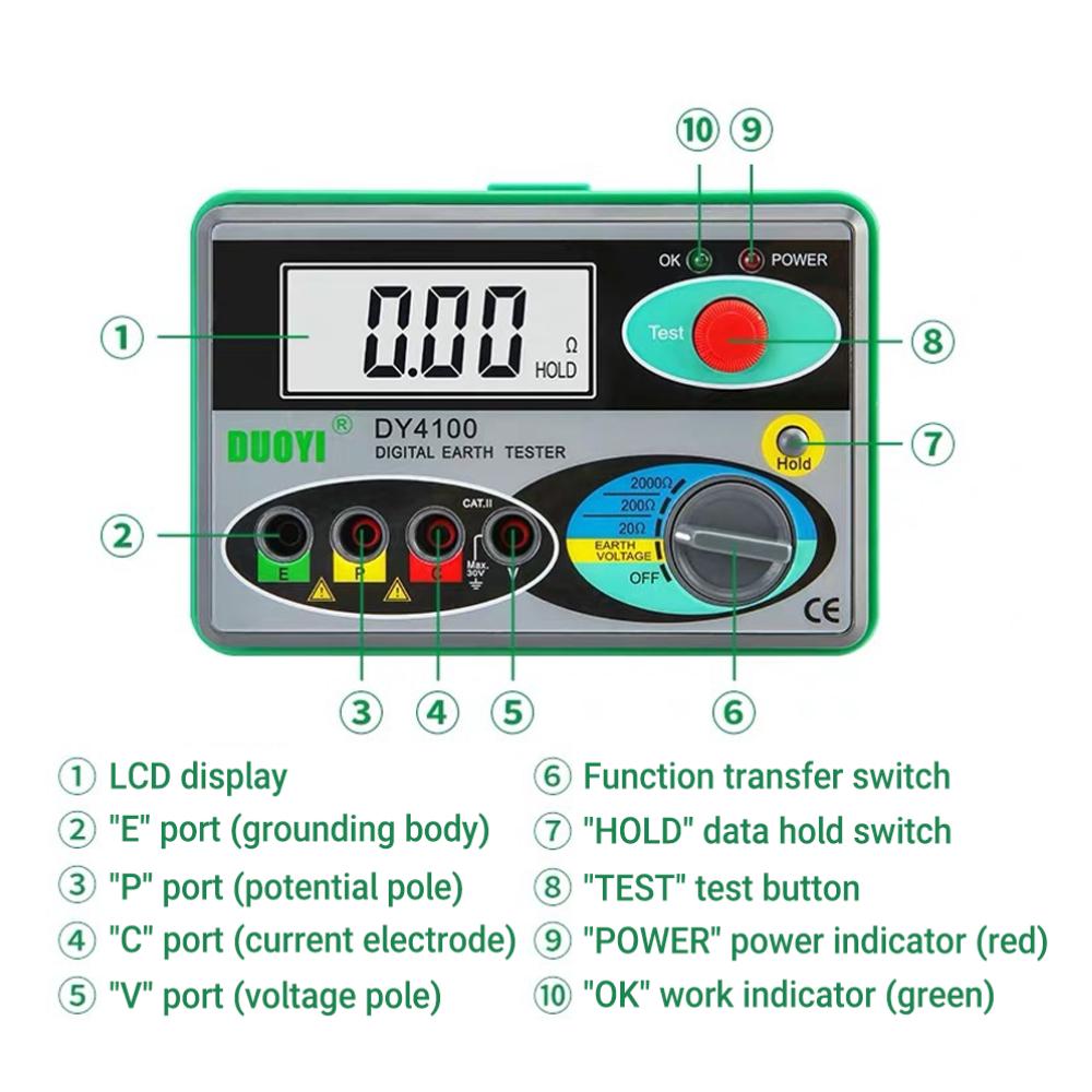 High Accuracy Ground Resistance Meter DY4100  0-2000Ohm Megohmmeter Earth Tester for Lightning Protection & Electrical Safety