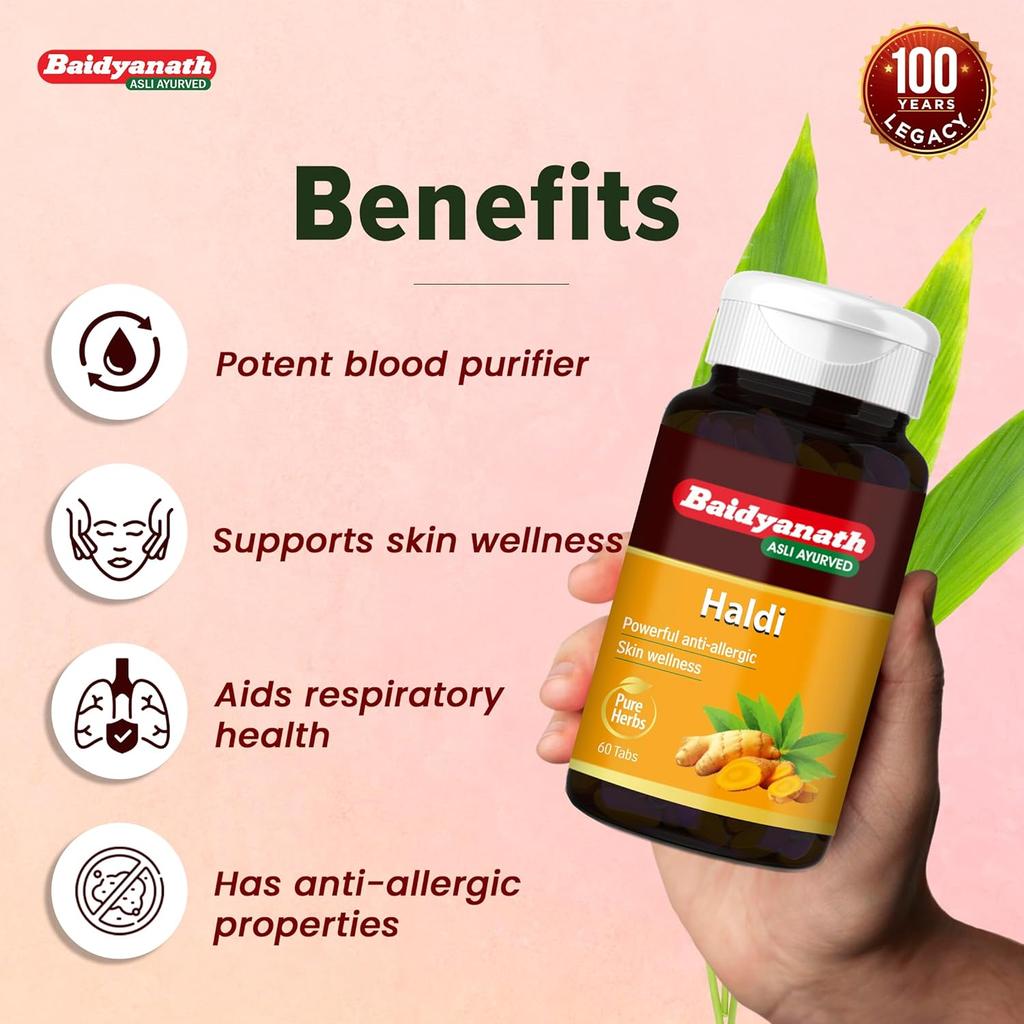 Baidyanath Haldi Tablets 60 Tablets Turmeric Extract Ayurvedic Haridra Herbal Supplement Daily Wellness Skin Care