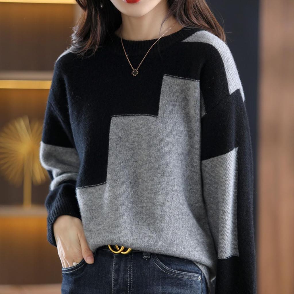 Futier Star Crew Neck Long Slimming Pullover for Simple One Women's Two-Tone Sweater, Sleeve, Color-Coordinated, Fall/Winter, Lightweight, Cute,