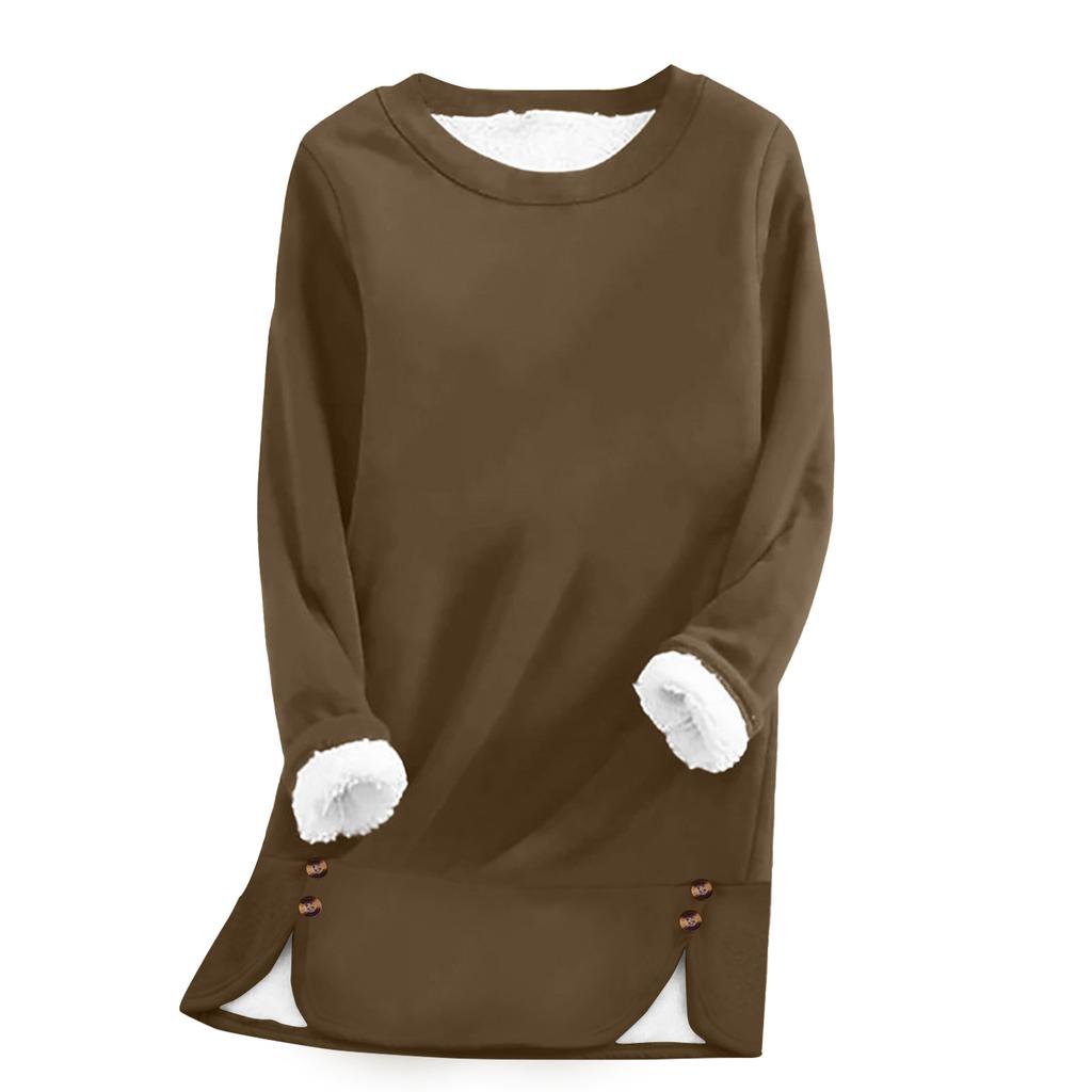 Women's Fashion Solid Color Round Neck Long Sleeve Plush Versatile Warm Bottom Shirt Top
