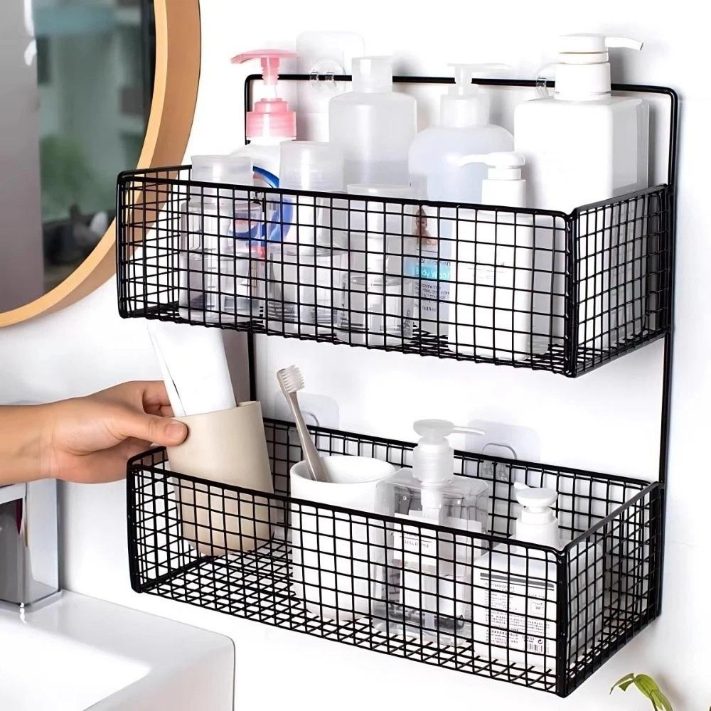 Non Drill Wall Mounted Storage Rack Self Adhesive Toiletries Organizer Storage Basket Daily Use