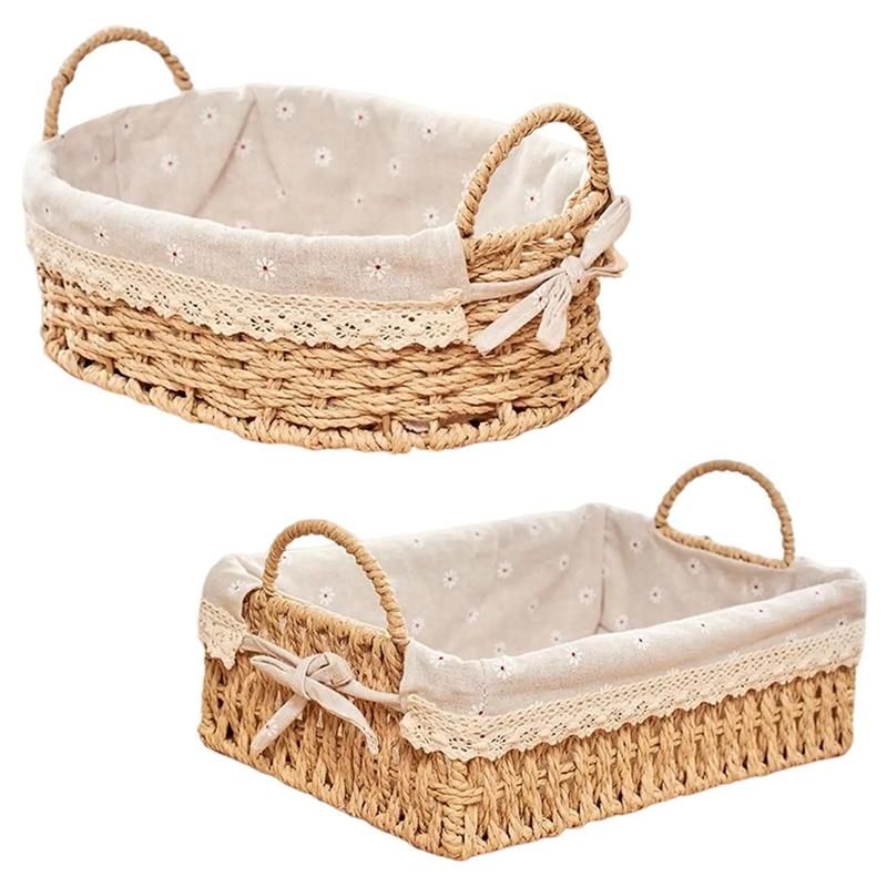 Handmade Handwoven Storage Baskets With Handles Kitchen Organizer Cosmetic Boxes For Bedroom Bathroom Breakfast Fruit Decorative